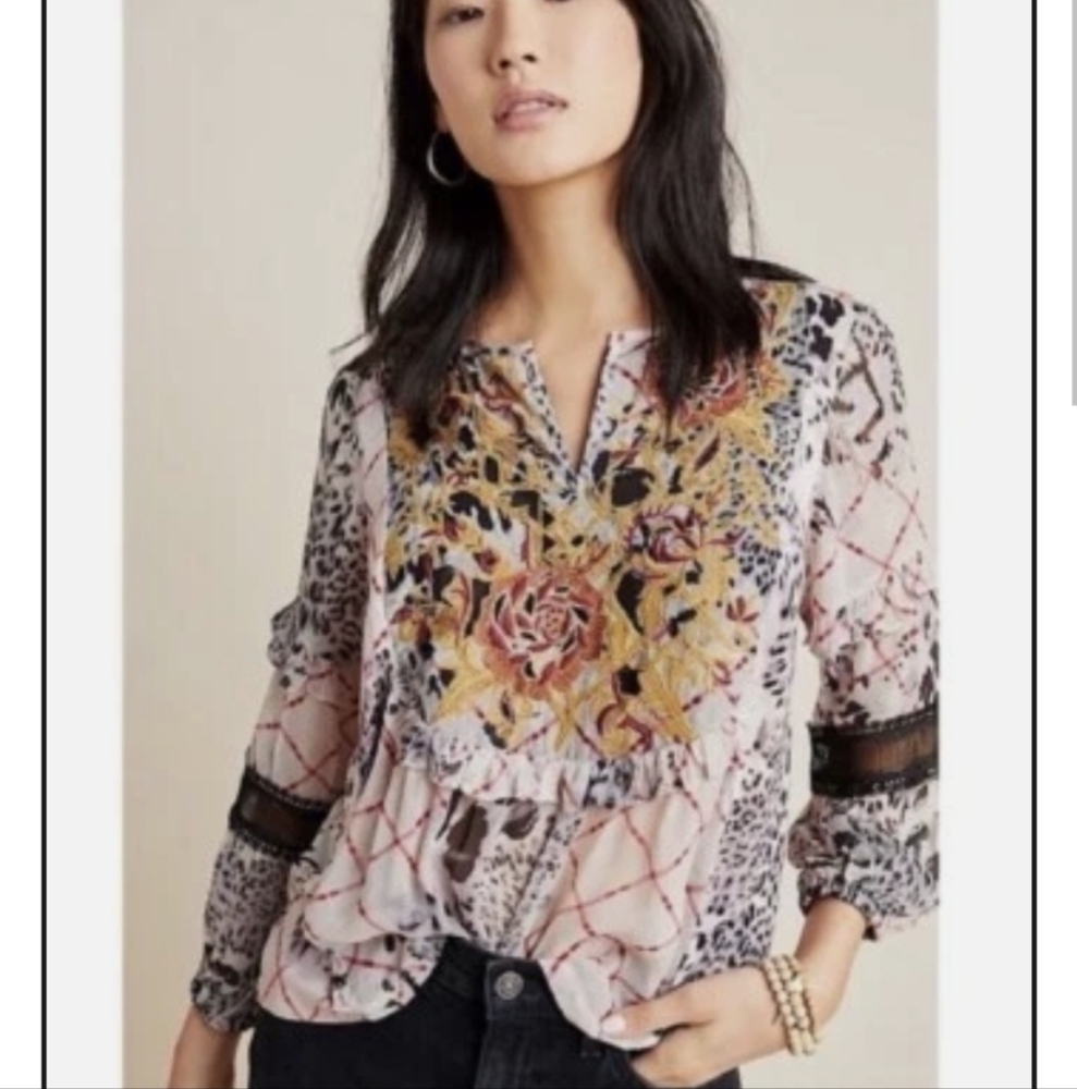 ANTHROPOLOGY Mathilda Balloon Sleeve Mixed Print Blouse Medium
